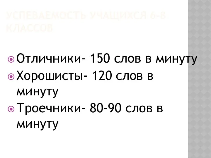 Успеваемость учащихся 6-8 классов Отличники- 150 слов в минуту Хорошисты- 120 слов в