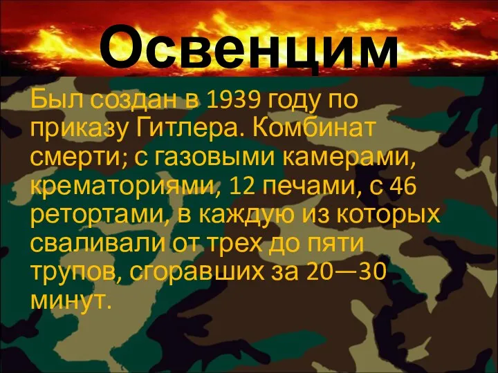 Освенцим Был создан в 1939 году по приказу Гитлера. Комбинат