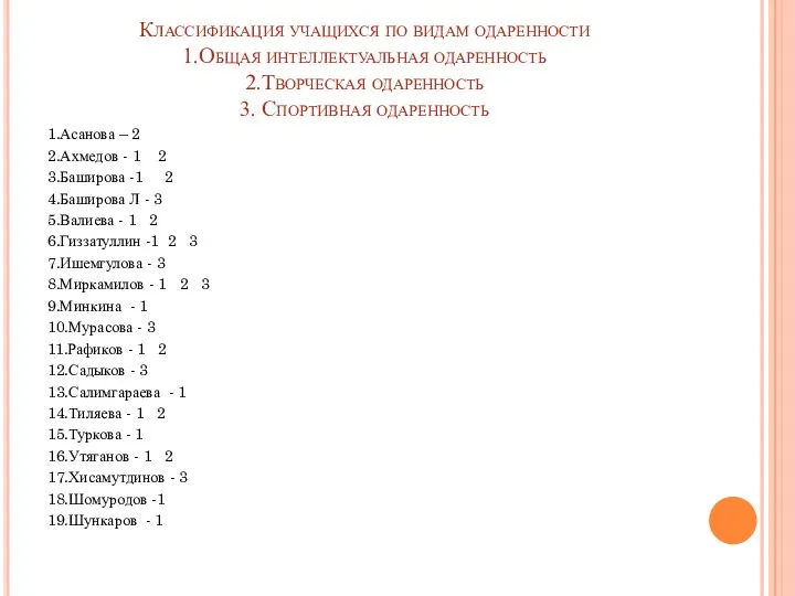 Классификация учащихся по видам одаренности 1.Общая интеллектуальная одаренность 2.Творческая одаренность