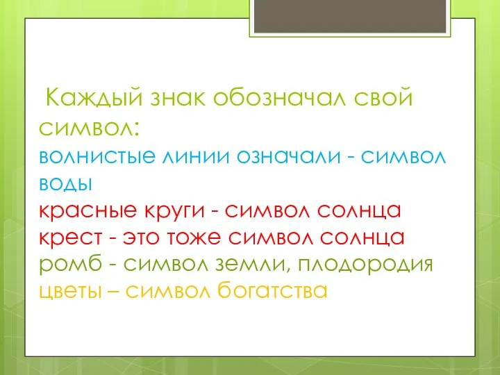 Каждый знак обозначал свой символ: волнистые линии означали - символ