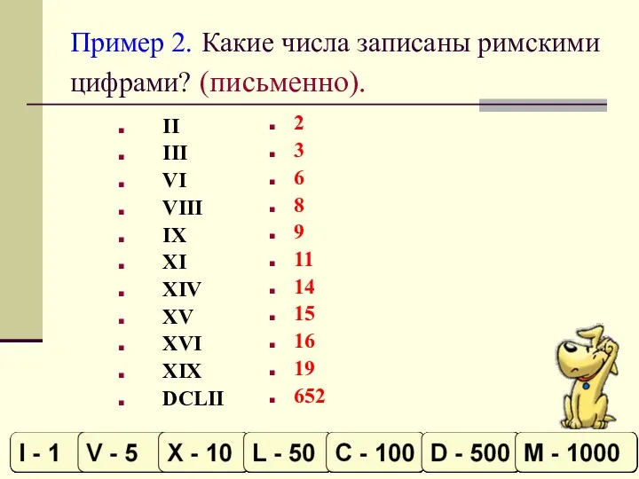 Пример 2. Какие числа записаны римскими цифрами? (письменно). II III