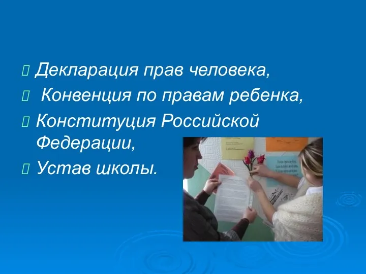 Декларация прав человека, Конвенция по правам ребенка, Конституция Российской Федерации, Устав школы.