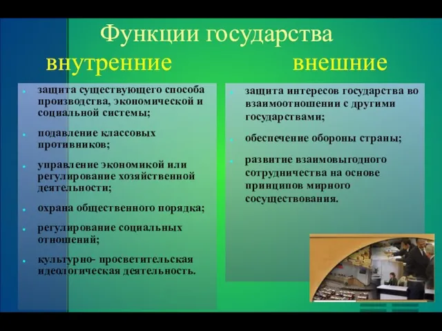 Функции государства внутренние внешние защита существующего способа производства, экономической и