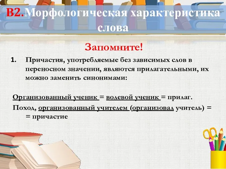 В2.Морфологическая характеристика слова Запомните! Причастия, употребляемые без зависимых слов в