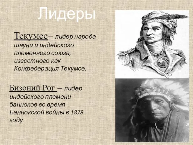 Текумсе— лидер народа шауни и индейского племенного союза, известного как Конфедерация Текумсе. Бизоний