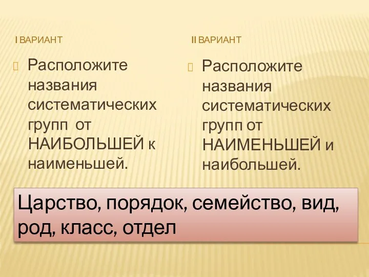 I вариант II вариант Расположите названия систематических групп от НАИБОЛЬШЕЙ