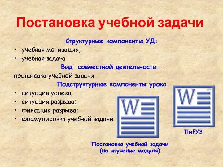 Структурные компоненты УД: учебная мотивация, учебная задача Вид совместной деятельности