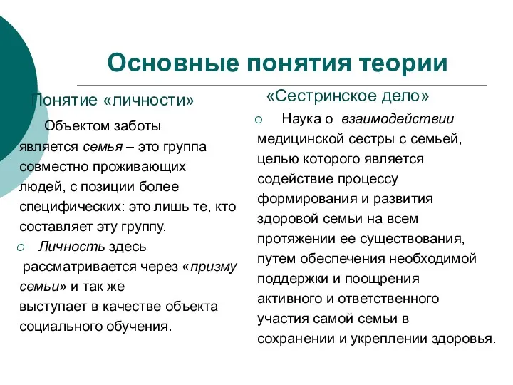 Основные понятия теории Понятие «личности» Объектом заботы является семья –