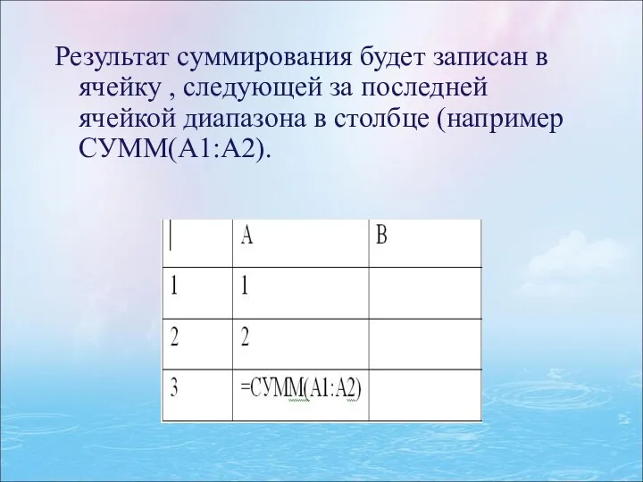 Результат суммирования будет записан в ячейку , следующей за последней ячейкой диапазона в столбце (например СУММ(А1:А2).