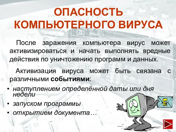 После заражения компьютера вирус может активизироваться и начать выполнять вредные