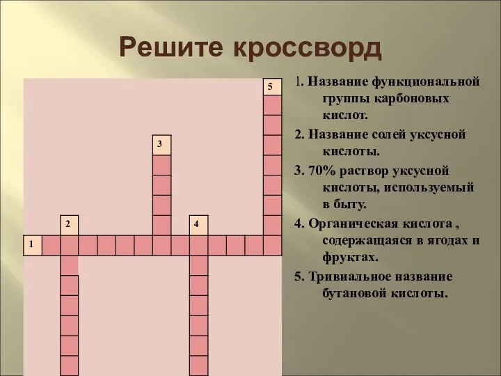 Решите кроссворд 1. Название функциональной группы карбоновых кислот. 2. Название