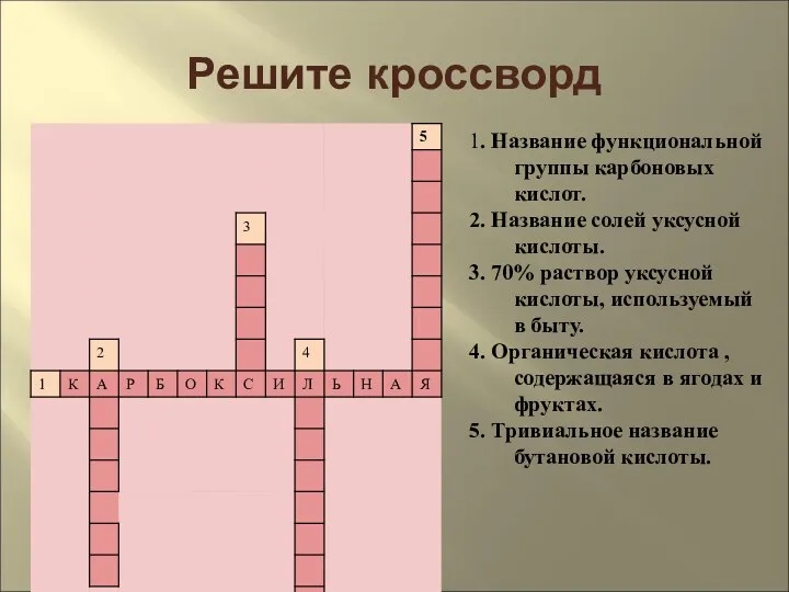 Решите кроссворд 1. Название функциональной группы карбоновых кислот. 2. Название солей уксусной кислоты.