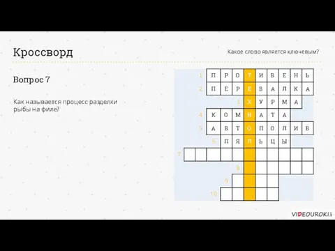 Кроссворд Какое слово является ключевым? Вопрос 7 Как называется процесс разделки рыбы на филе?