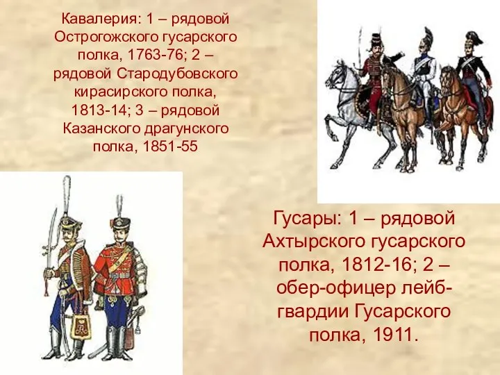Кавалерия: 1 – рядовой Острогожского гусарского полка, 1763-76; 2 –
