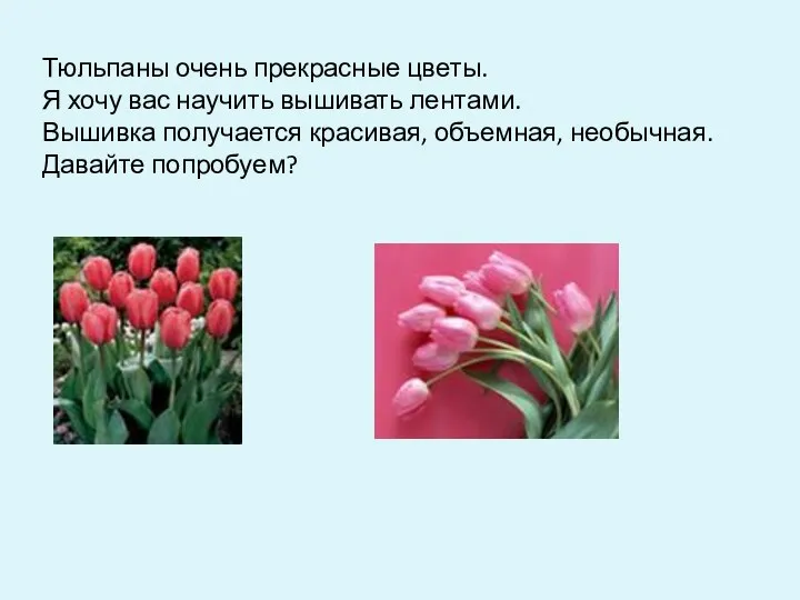 Тюльпаны очень прекрасные цветы. Я хочу вас научить вышивать лентами.
