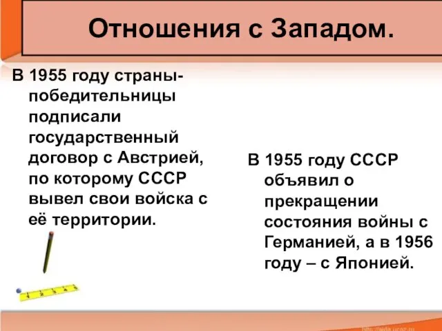 Отношения с Западом. В 1955 году страны-победительницы подписали государственный договор