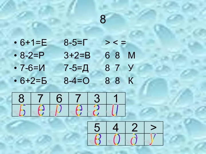 8 6+1=Е 8-5=Г > 8-2=Р 3+2=В 6 8 М 7-6=И