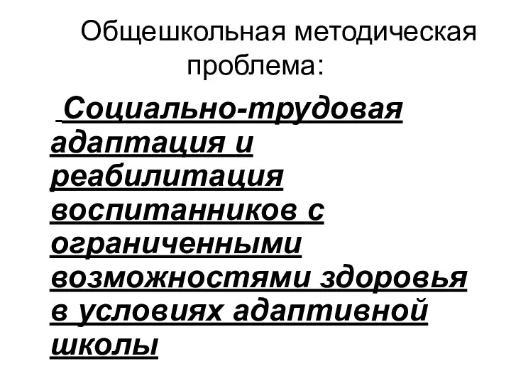 Общешкольная методическая проблема: Социально-трудовая адаптация и реабилитация воспитанников с ограниченными возможностями здоровья в условиях адаптивной школы