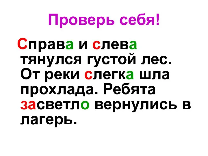 Проверь себя! Справа и слева тянулся густой лес. От реки