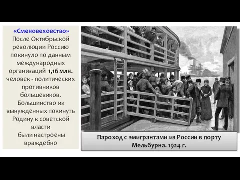 «Сменовеховство» После Октябрьской революции Россию покинуло по данным международных организаций 1,16 млн. человек
