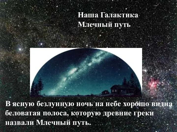 Наша Галактика Млечный путь В ясную безлунную ночь на небе хорошо видна беловатая