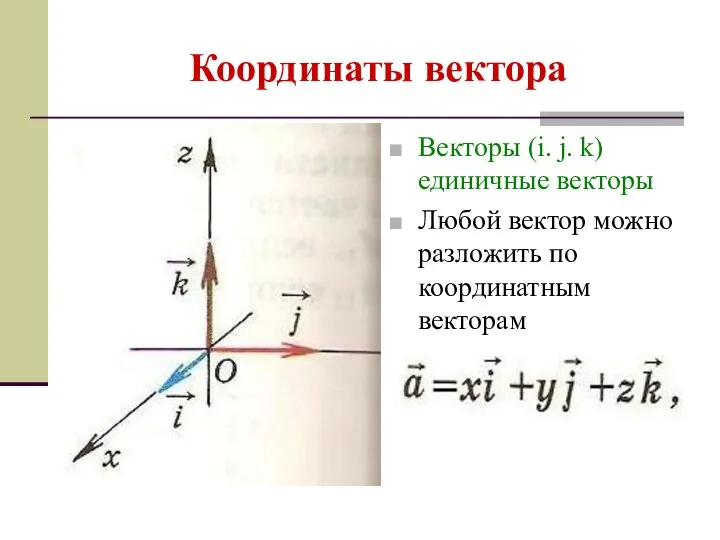 Координаты вектора Векторы (i. j. k) единичные векторы Любой вектор можно разложить по координатным векторам