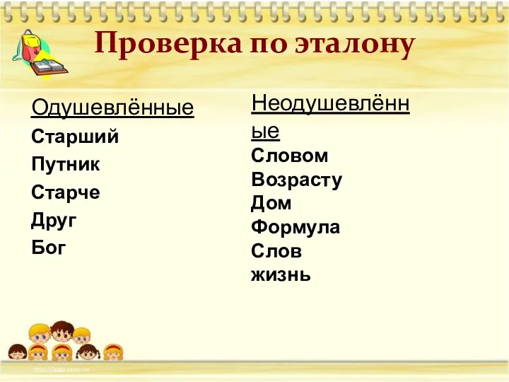 Проверка по эталону Одушевлённые Старший Путник Старче Друг Бог Неодушевлённые Словом Возрасту Дом Формула Слов жизнь