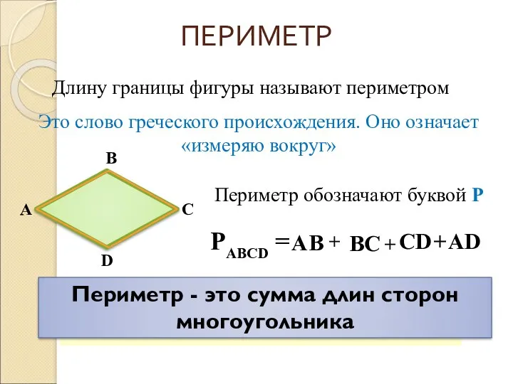 ПЕРИМЕТР А В С D Это слово греческого происхождения. Оно