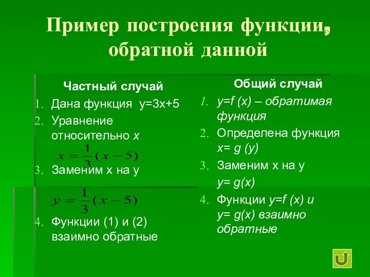 Пример построения функции, обратной данной Частный случай Дана функция у=3х+5