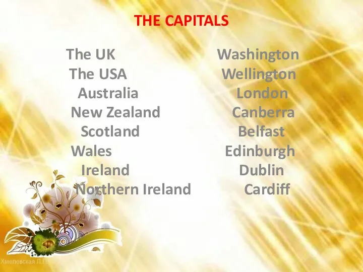 THE CAPITALS The UK Washington The USA Wellington Australia London