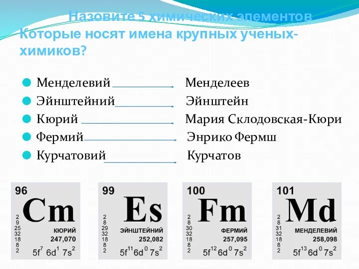 Назовите 5 химических элементов Которые носят имена крупных ученых- химиков?