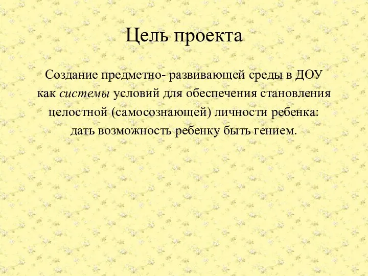 Цель проекта Создание предметно- развивающей среды в ДОУ как системы