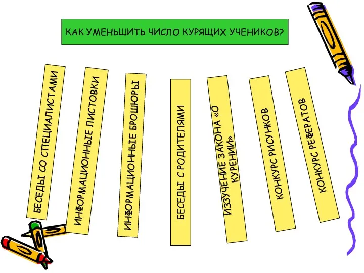 КАК УМЕНЬШИТЬ ЧИСЛО КУРЯЩИХ УЧЕНИКОВ? БЕСЕДЫ СО СПЕЦИАЛИСТАМИ ИНФОРМАЦИОННЫЕ ЛИСТОВКИ ИНФОРМАЦИОННЫЕ БРОШЮРЫ БЕСЕДЫ