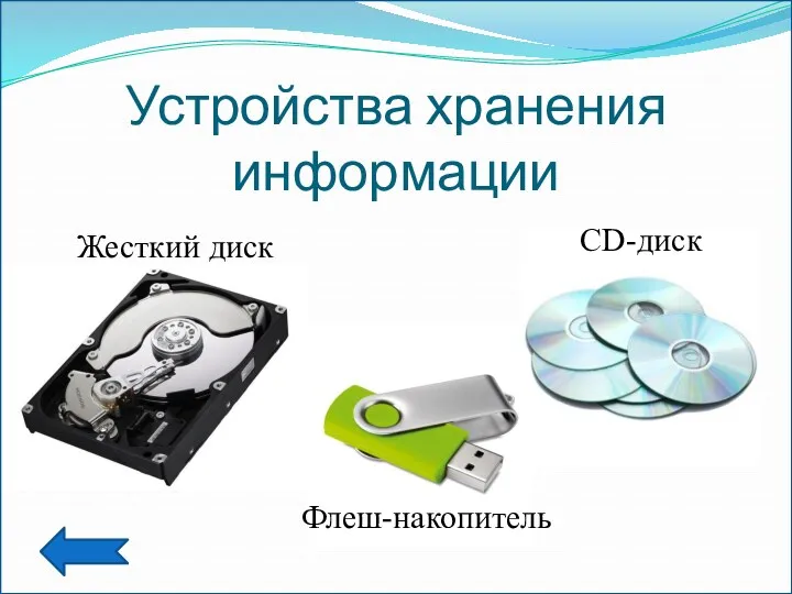 Устройства хранения информации Жесткий диск CD-диск Флеш-накопитель