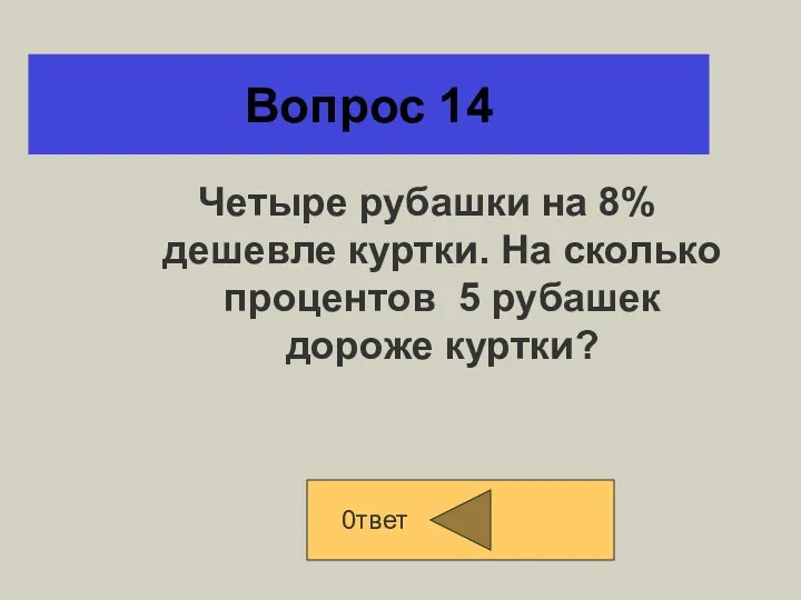 Вопрос 14 Четыре рубашки на 8% дешевле куртки. На сколько процентов 5 рубашек дороже куртки? 0твет