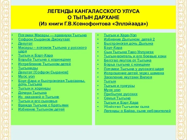 ЛЕГЕНДЫ КАНГАЛАССКОГО УЛУСА О ТЫГЫН ДАРХАНЕ (Из книги Г.В.Ксенофонтова «Эллэйаада»)