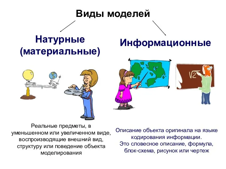 Виды моделей Натурные (материальные) Информационные Реальные предметы, в уменьшенном или