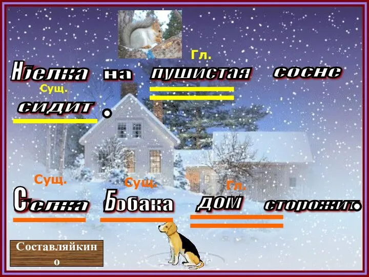 на сосне сидит пушистая белка собака белка Б сторожит дом Составляйкино Сущ. Гл.