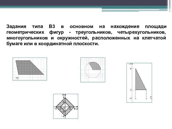 Задания типа В3 в основном на нахождение площади геометрических фигур - треугольников, четырехугольников,