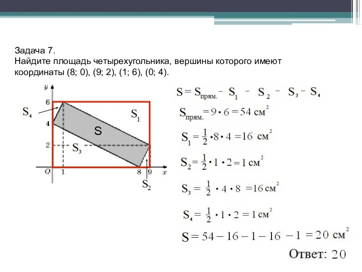 Задача 7. Найдите площадь четырехугольника, вершины которого имеют координаты (8; 0), (9; 2),