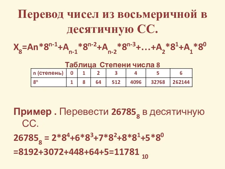 Перевод чисел из восьмеричной в десятичную СС. X8=An*8n-1+An-1*8n-2+An-2*8n-3+…+A2*81+A1*80 Таблица Степени