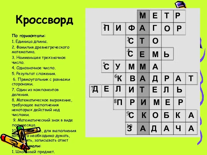 Кроссворд По горизонтали: 1. Единица длины. 2. Фамилия древнегреческого математика.