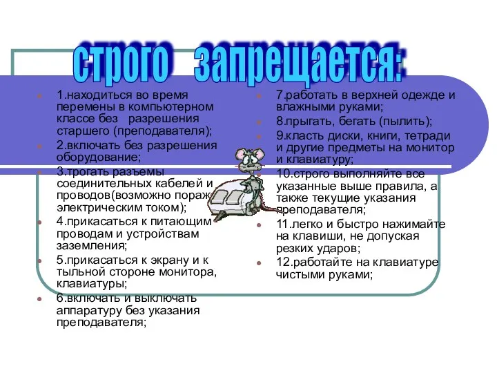 1.находиться во время перемены в компьютерном классе без разрешения старшего