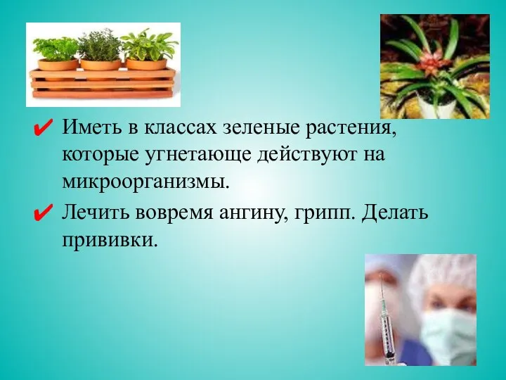 Иметь в классах зеленые растения, которые угнетающе действуют на микроорганизмы. Лечить вовремя ангину, грипп. Делать прививки.