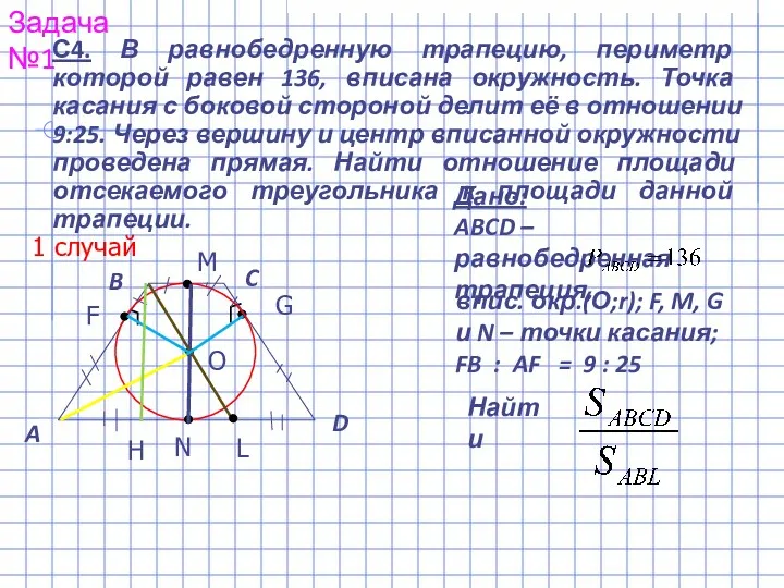 С4. В равнобедренную трапецию, периметр которой равен 136, вписана окружность.