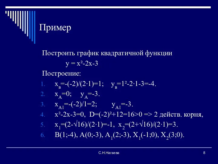 С.Н.Нагаева Пример Построить график квадратичной функции у = х²-2х-3 Построение:
