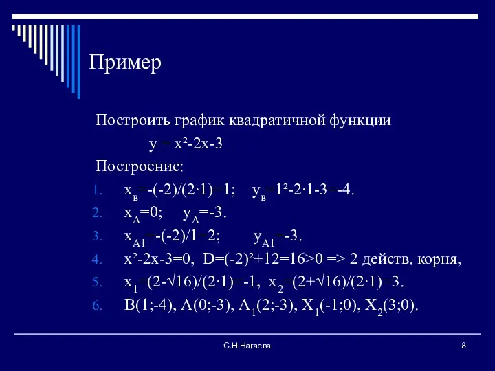 С.Н.Нагаева Пример Построить график квадратичной функции у = х²-2х-3 Построение: хв=-(-2)/(2∙1)=1; ув=1²-2∙1-3=-4. хА=0;