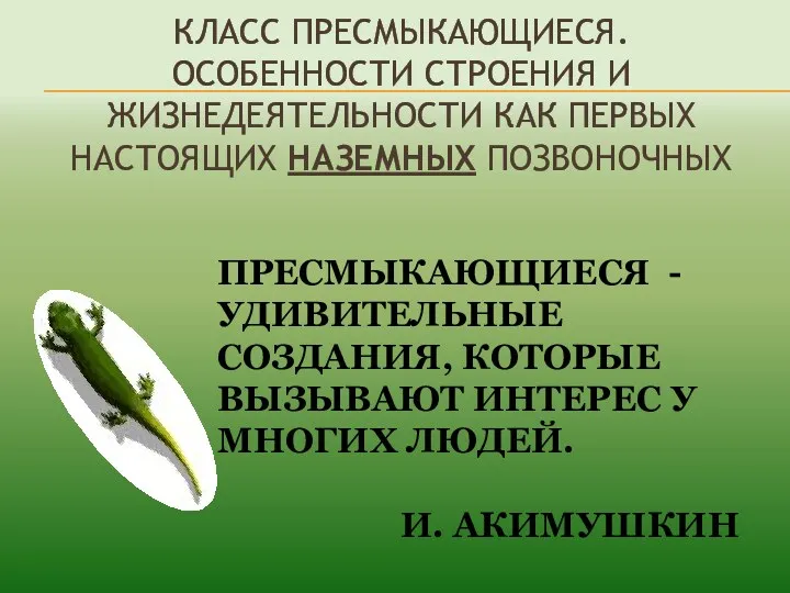 КЛАСС ПРЕСМЫКАЮЩИЕСЯ. ОСОБЕННОСТИ СТРОЕНИЯ И ЖИЗНЕДЕЯТЕЛЬНОСТИ КАК ПЕРВЫХ НАСТОЯЩИХ НАЗЕМНЫХ