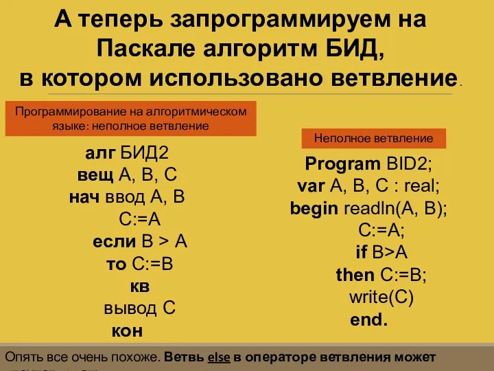 А теперь запрограммируем на Паскале алгоритм БИД, в котором использовано