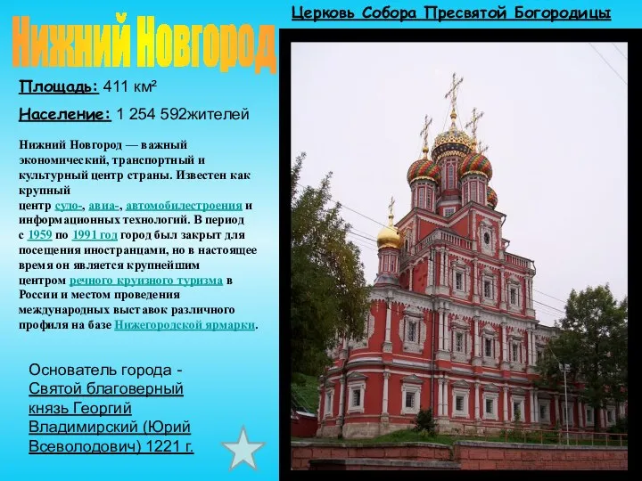 Нижний Новгород Площадь: 411 км² Население: 1 254 592жителей Нижний Новгород — важный